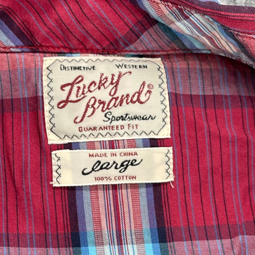 Lucky Brand Shirt Mens Large Red Plaid Short Sleeve Western Pearl Snap Cowboy